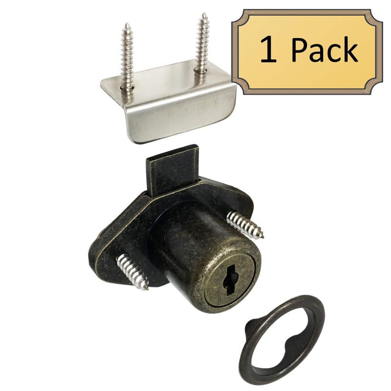Desunia Office Desk Lock for Drawer & Door - 7/8" (.875") Bore - Antique Brass- Keyed Alike - Includes Escutcheon Trim Ring, Strike, & Screws - 1 Lock - Image 2